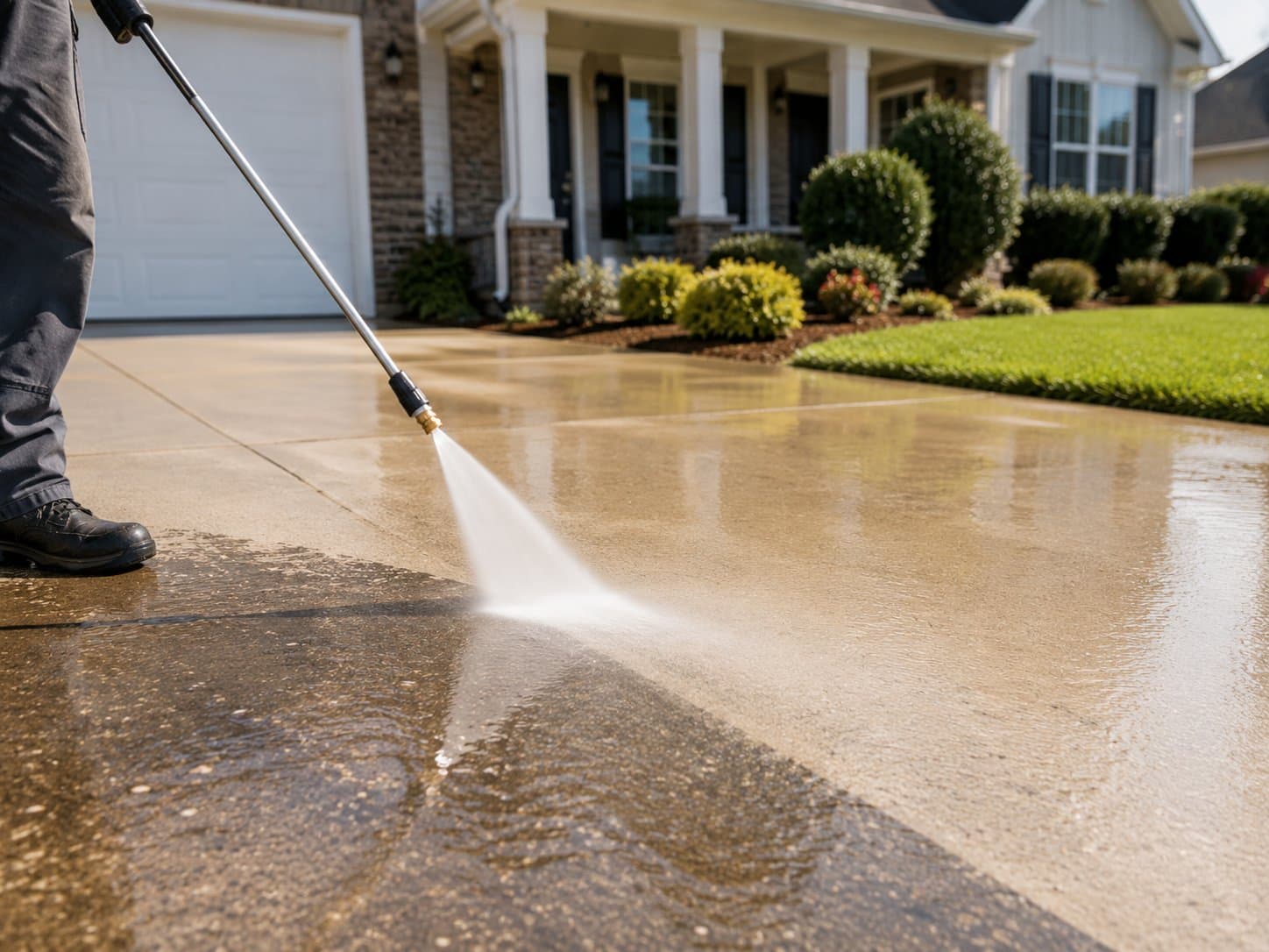 Pressure washing a residential driveway