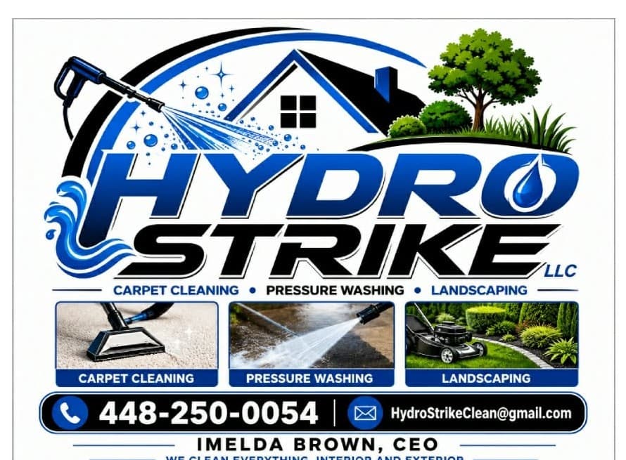 Hydro Strike LLC service flyer: carpet cleaning, pressure washing, and landscaping